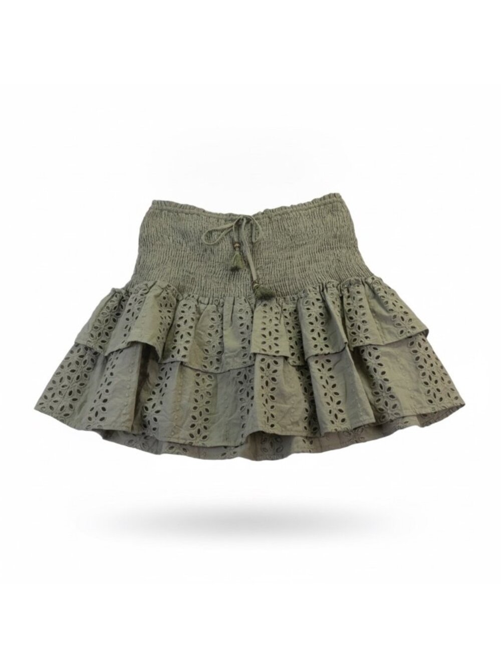 Zara Womens Olive Green Cotton Ruffled Tiered Eyelet Mini Skirt Size M